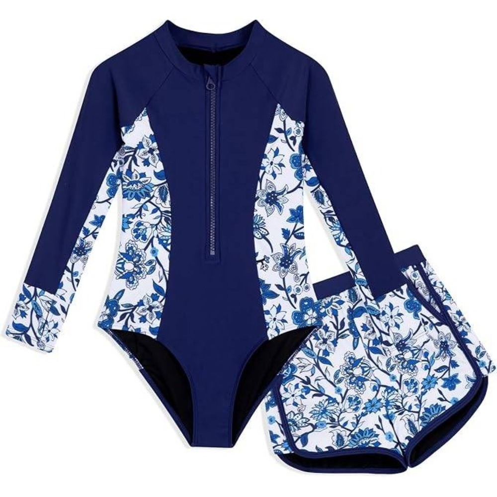 Girls Rash Guard Swimsuit Set Navy Blue Floral Long Sleeve UPF 50+ Size 8Y